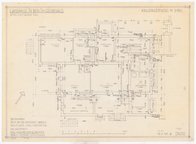 EinBlueprint eines Hauses auf Papier mit der Aufschrift "Landhaus in Berlin".