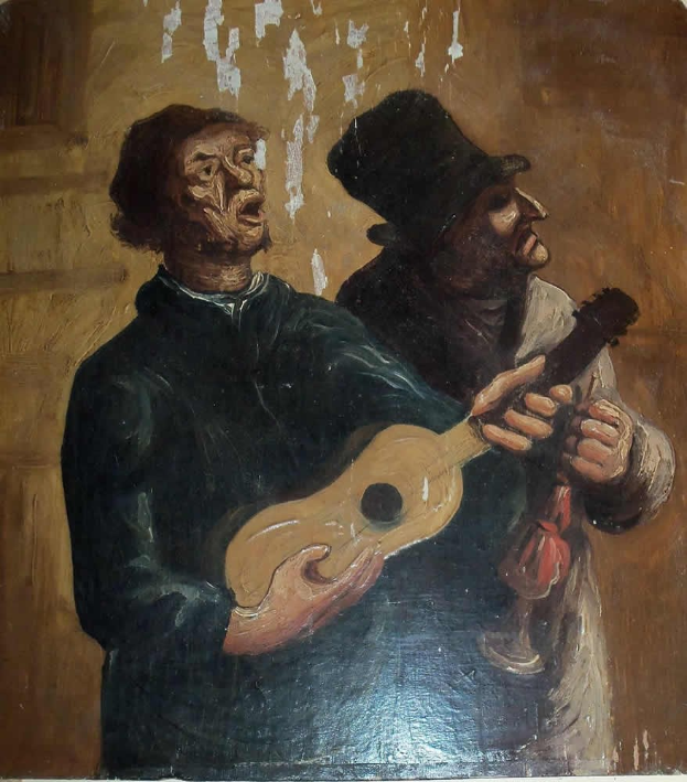 Gemälde von zwei Männern, die eine Gitarre auf einer Wand spielen, wobei einer einen Hut mit einem menschlichen Gesicht trägt und beide friedliche Gesichtsausdrücke zeigen.