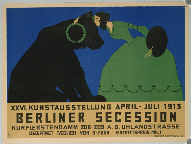 Ein Plakat der Berliner Secession von 1913, das eine Frau und einen Hund mit Text zeigt.