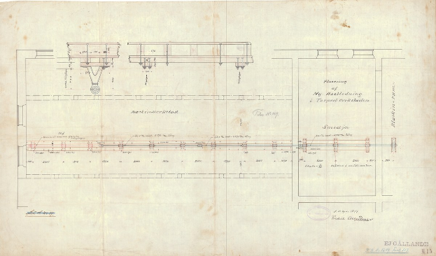 Detailgenaues Schienenweg-Zeichnung auf Papier mit beschrifteten Komponenten und Anmerkungen.
