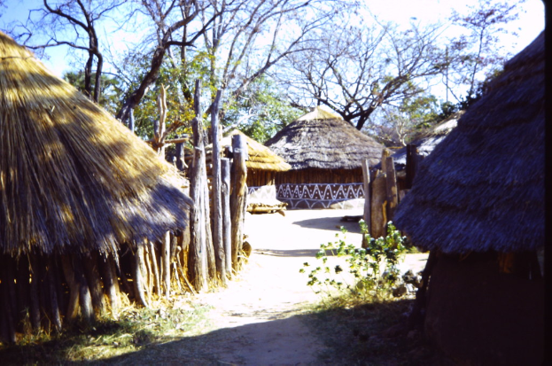 Eine Dorfszene mit Hütten, Bäumen und Grün unter einem Himmel.