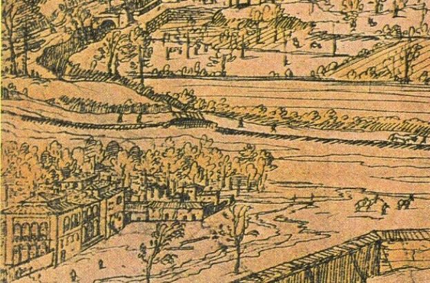 Ein detailliertes Stadtbild mit einer gewundenen Flusslandschaft, umgeben von üppigen grünen Bäumen und hohen Gebäuden, die eine friedliche Atmosphäre schaffen.