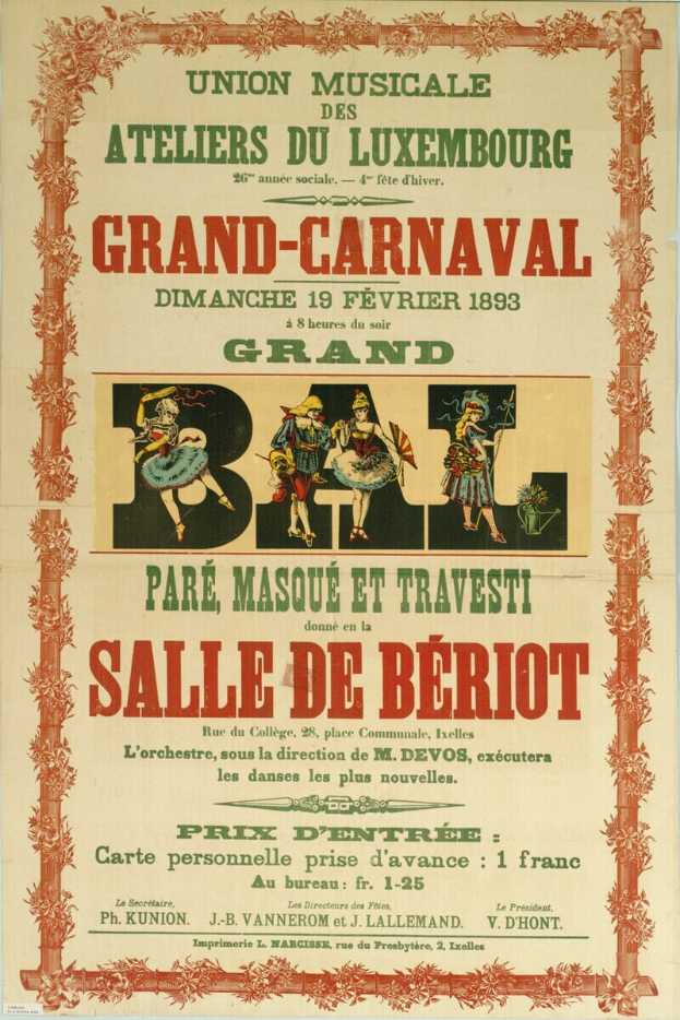 Ein altes Plakat, das einen prächtigen Karneval in Paris, Frankreich, ankündigt, mit einer farbenfrohen Illustration von Menschen in traditioneller Kleidung, einem hellgelben Hintergrund und einem Banner oben mit der Aufschrift "Großer Karneval".