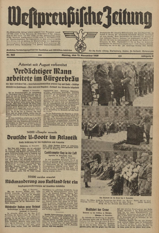 Titelseite einer deutschen Zeitung vom 13. November 1939 mit der Uberschrift 'Weitpreubliche Zeitung', die eine Gruppe von Menschen in traditioneller deutscher Kleidung in einer feierlichen Umgebung zeigt.