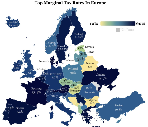 Eine Karte von Europa, die die höchsten Grenzsteuersätze nach Land zeigt, mit einer Überschrift, die "Höchste Grenzsteuersätze in Europa" lautet.