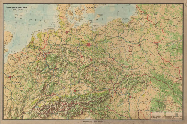 Ausführliche alte Deutschlandkarte mit Straßen, Autobahnen und geographischen Merkmalen mit Text oben und unten.