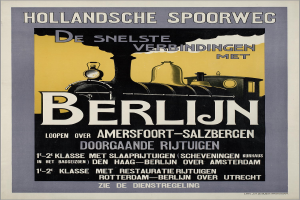 Plakat in Berlin, Deutschland, das eine Bahn ankündigt, mit einem Bild der Bahn und Text auf der Seite.