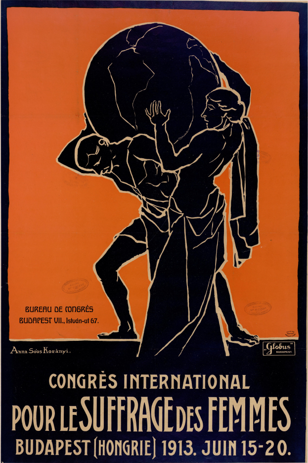 Eine Person, die eine Weltkugel mit der Aufschrift "Congres International pour le Suffrage des Femmes" darüber auf einem Plakat für die Internationale Frauenwahlrechtsbewegung in Budapest, Ungarn, hält.