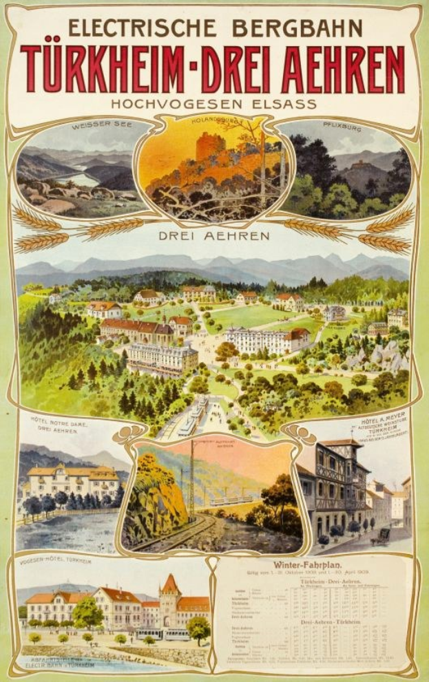 Plakat bewirbt Bergbahn, Deutschland, zeigt Gebäude, Bäume, Hügel und beschreibenden Text über die Stadt.