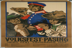 Ein Vintage-Plakat für das Volksfest-Pasing-Festival 1908, das einen Mann in rot-weiß gestreiftem Hemd und eine Frau in blauem Kleid zeigt, beide in traditioneller deutscher Tracht, vor einem hellgelben Hintergrund mit fetter schwarzer Schrift.
