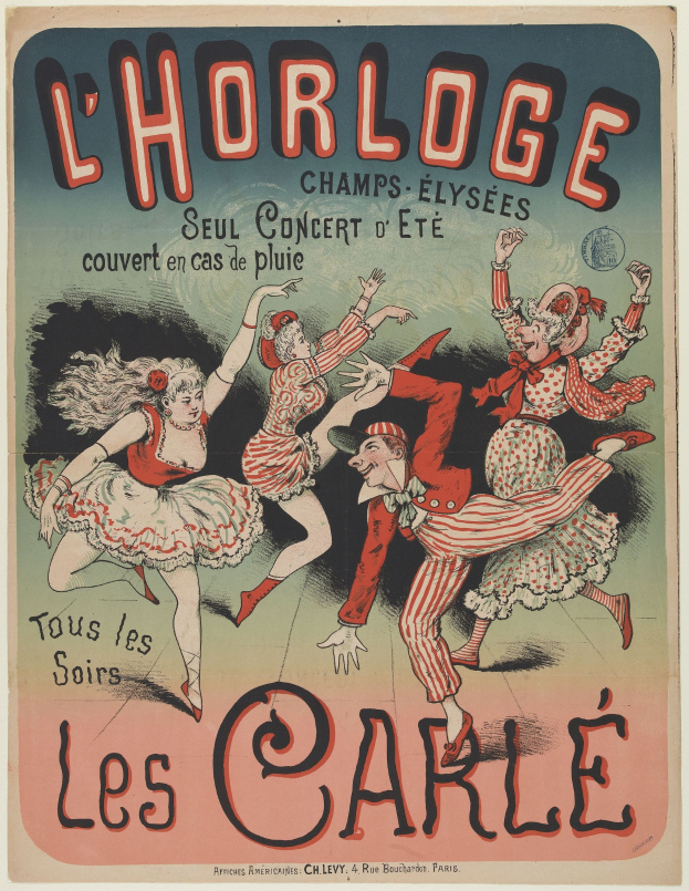 Plakat, das ein Konzert im Chorlage in Paris ankündigt, mit einer Gruppe von Menschen, die in bunten Kostümen tanzen und strahlende Gesichter haben, umgeben von großem Text auf einem hellgelben Hintergrund.