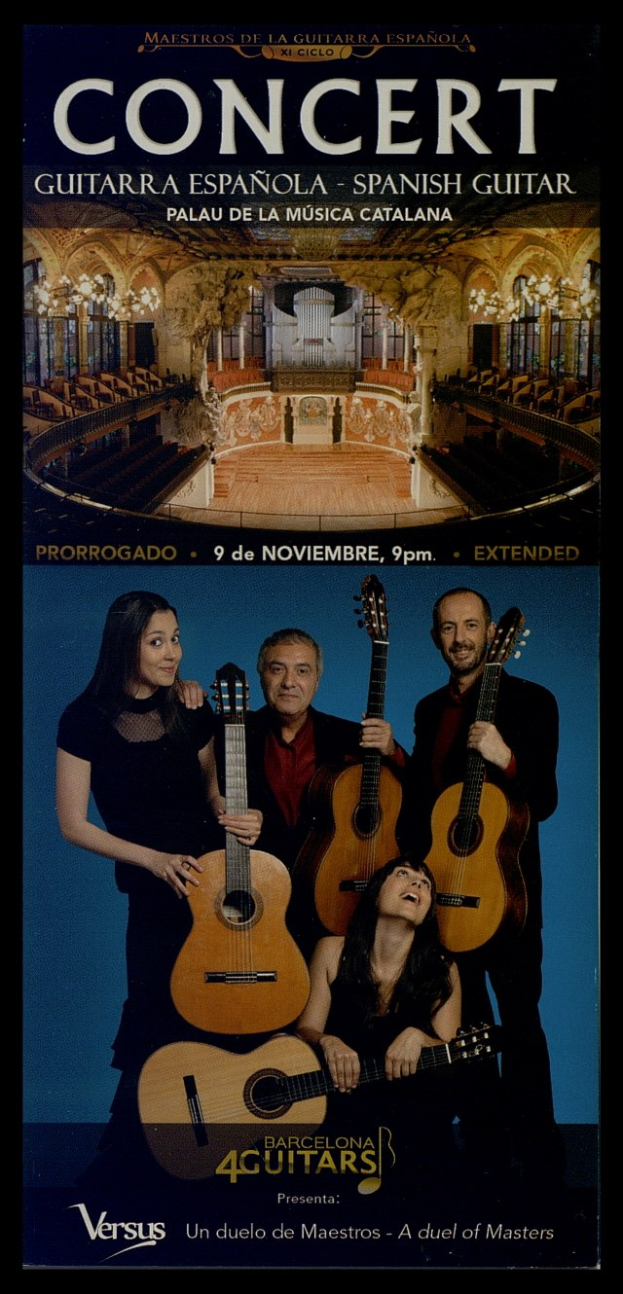 Konzertplakat mit einer Gruppe von Menschen, die Gitarren halten, und Text mit Veranstaltungseinzelheiten.