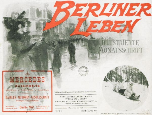 Werbung für ein Mercedes-Benz-Fahrzeug in Berlin, Deutschland, mit Menschen, Bäumen, Gebäuden, Text und einem Stempel.