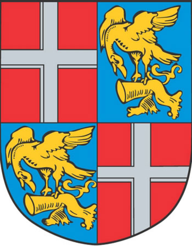 Das Wappen von Stuttgart, Deutschland, zeigt einen Schild, der in rotem oberen und blauen unteren Teil geteilt ist, mit zwei gegenüberliegenden Löwen auf jeder Seite und einem goldenen Kreuz in der Mitte auf einem roten Hintergrund.