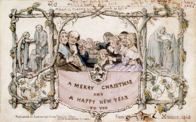 Gruppe von Menschen in festlicher Kleidung um einen Tisch versammelt unter einem Banner mit der Aufschrift "Fröhliche Weihnachten und ein gutes neues Jahr", die fröhlich feiern.