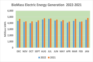 Eine Liniengrafik, die die Stromerzeugung aus Biomasse von 2021 bis 2022 zeigt, mit begleitendem Text, der zusätzliche Datendetails bereitstellt.