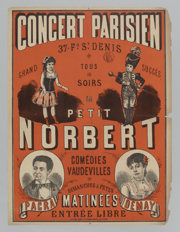 Ein altes Konzertplakat für Petit Norbert in Paris, das Bilder von Menschen und Text zeigt.