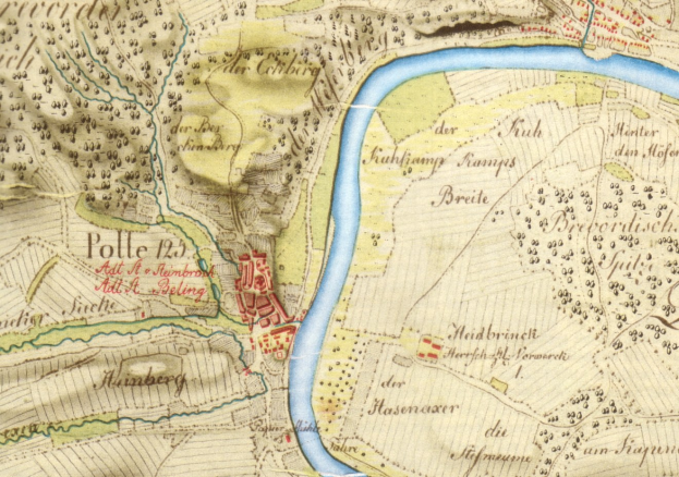 Detailiertes altes Stadtplan von Polle, Deutschland, zeigt Straße, Gebäude und einen durch die Stadt fließenden Fluss.