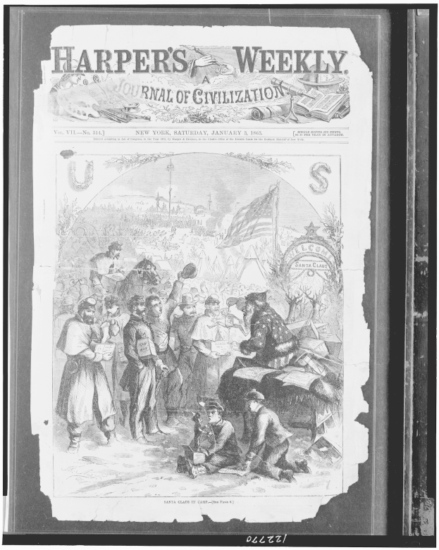 Schwarzes und weiße Bild von Menschen, die sich um eine Zeitung mit der überschrift "Harper's Weekly Journal of Civilization" versammelt haben.