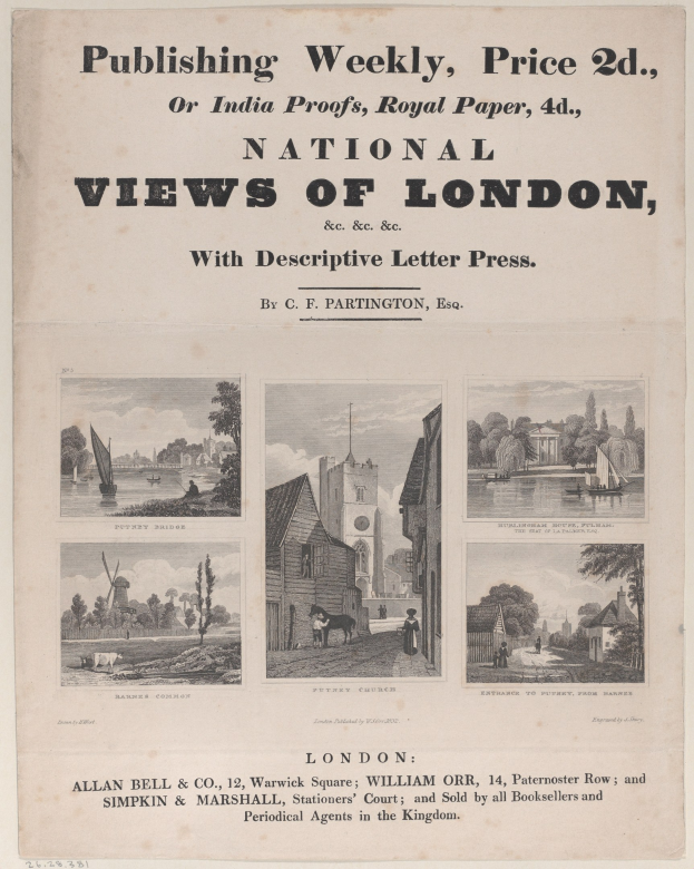Eine detaillierte illustrierte Karte von London mit begleitendem beschreibendem Text, die Gebäude, Bäume und Sehenswürdigkeiten zeigt.