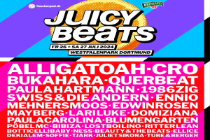 Ein lebendiger Plakat mit "Juicy Beats Festival" in fetter schwarzer Schrift auf einem hellgelben Hintergrund, das Bilder eines Mikrofons, eines Plattenspielers und eines Mikrofonständers zeigt, umgeben von einem schwarzen Rand.