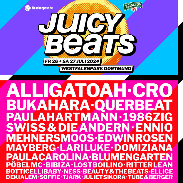 Ein lebendiger Plakat mit "Juicy Beats Festival" in fetter schwarzer Schrift auf einem hellgelben Hintergrund, das Bilder eines Mikrofons, eines Plattenspielers und eines Mikrofonständers zeigt, umgeben von einem schwarzen Rand.