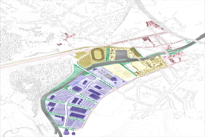 Vorgeschlagener Lageplan für die neue Stadt London auf einer bunten Stadtkarte mit beschrifteten Bereichen.