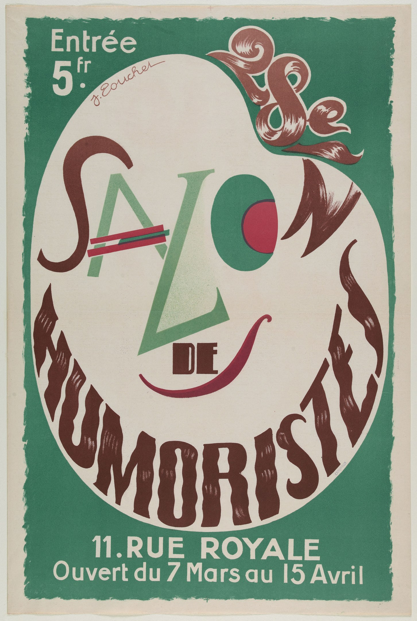 Plakat, das ein Humoristen-Salon in Paris, Frankreich, ankündigt, mit Text, der seine Angebote beschreibt.