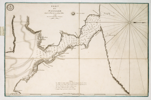Eine detaillierte Karte des Hafens von Passage auf Papier, mit Text, der zusätzliche Informationen über die Gewässer, Inseln und Städte des Gebiets bereitstellt.