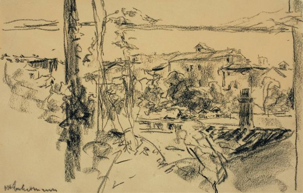 Eine Schwarz-Weiß-Zeichnung einer Stadtlandschaft mit Häusern, Bäumen und Himmel, mit dem Text "Gustav Klimt - Landschaft mit Häusern und Bäumen" unten.