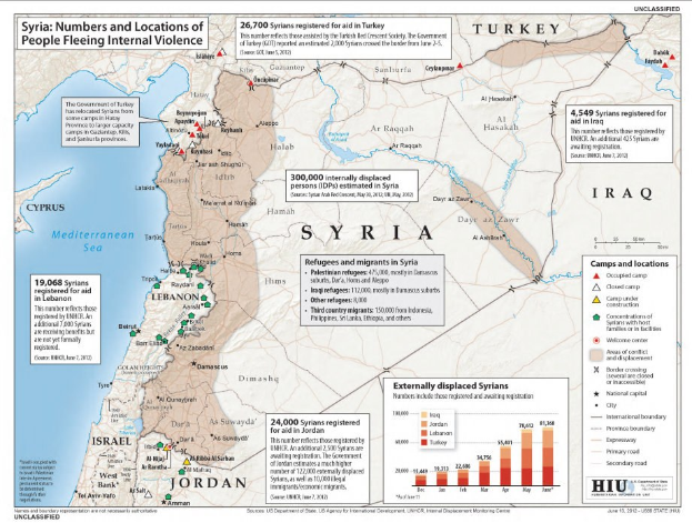 Plakat mit einer Karte von Syrien und Daten zu Binnenflüchtlingen aufgrund von Gewalt, begleitet von erklärendem Text und Diagrammen.