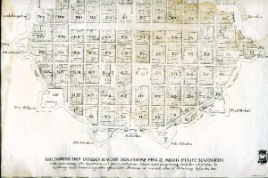Detailierte alte Karte von Berlin, Deutschland, mit Straßen, Gebäuden und Sehenswürdigkeiten auf einem schwarzen Hintergrund, begleitet von Textbeschriftungen.
