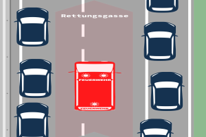 Rotes Auto mit "Rettungsgasse"-Text auf einer von anderen Fahrzeugen umgebenen Straße.