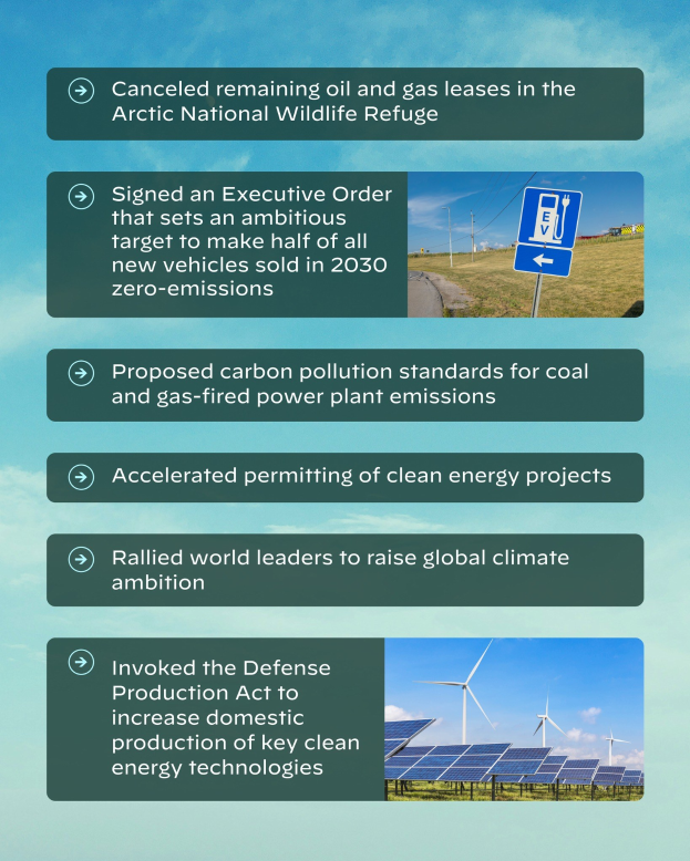 Plakat mit dem Text "Abgesagte übrig gebliebene ├¶l- und Gasgenehmigungen im Arctic National Wildlife Refuge" mit Abbildungen von Solarpanelen und Windr├Ądern vor einem bew├Âlktem Himmel.