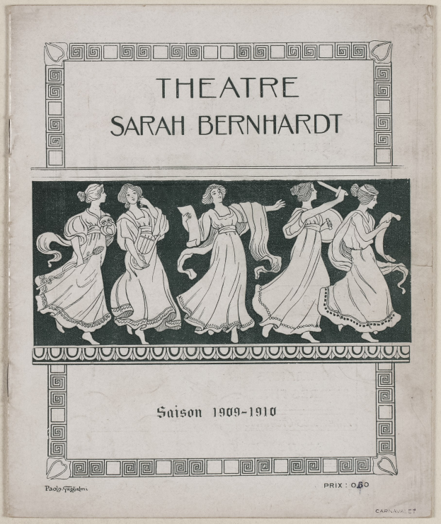 Plakat für das Theater Sarah Bernhardt aus dem Jahr 1909-1910, das eine Gruppe von Frauen in der Mitte mit Text zeigt, der das Theater und seine Künstler beschreibt.