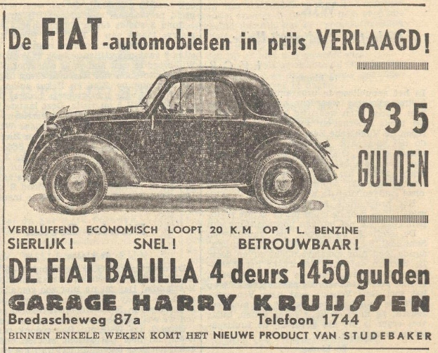 Schwarze und weiße Anzeige für einen Fiat-Wagen mit begleitendem Text.