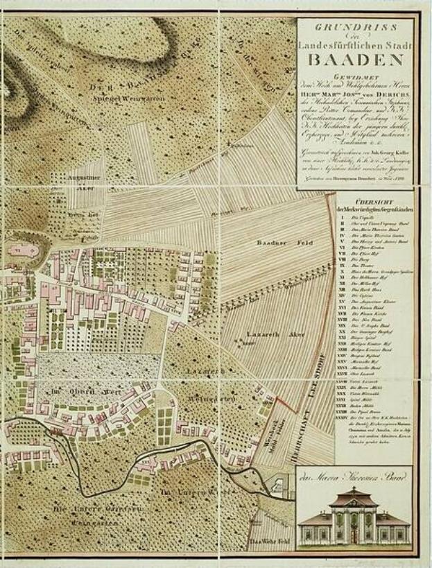 Detailiertes altes Stadtplan von Baden-Württemberg, Deutschland, mit einem Gebäude in der rechten unteren Ecke, das Straßen, Gebäude und andere Merkmale zeigt, begleitet von Text, der zusätzliche Stadtinformationen bereitstellt.