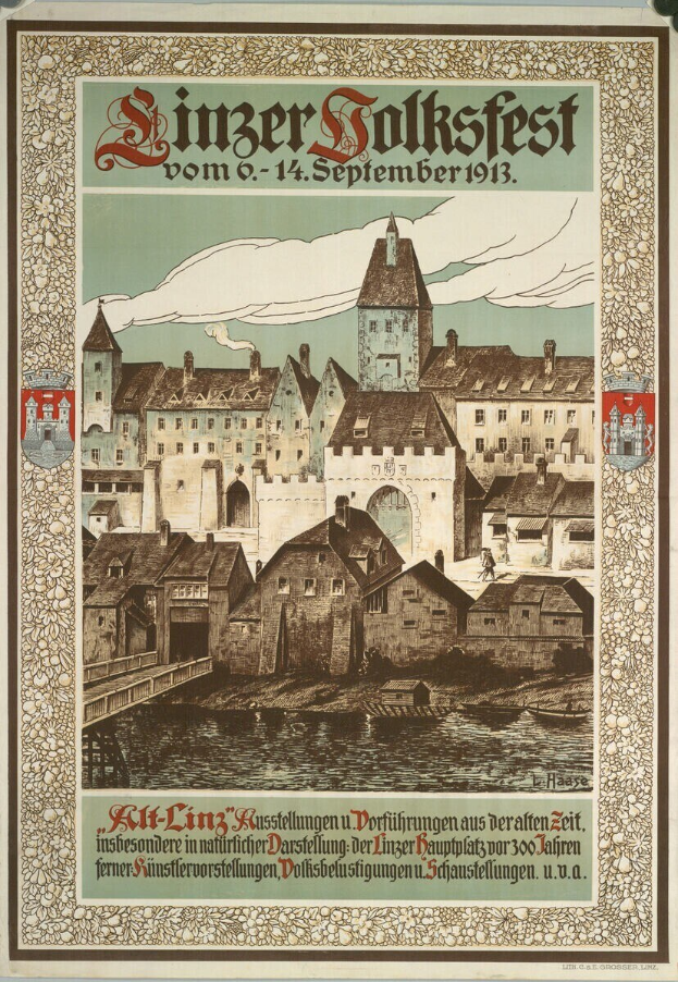 Altes deutsches Festivalplakat mit einer Burg- und Häuser-Illustration, das Text über das Ereignis enthält.