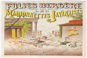 Ein Plakat, das eine Tanzshow in Paris ankündigt, mit einer Gruppe von Menschen im Vordergrund, die tanzen, und einem Gebäude, Bäumen und Himmel im Hintergrund sowie Text auf dem Plakat.