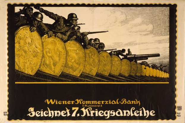 Deutsches Propagandaplakat aus dem Zweiten Weltkrieg, das Soldaten in Helmen mit Waffen zeigt, mit dem Text 'Wiener Kommerzialbank' unten.