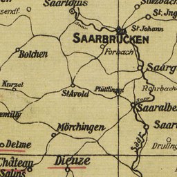 Ein detaillierter alter Stadtplan von Saarbrücken, Deutschland, mit Straßen, Gebäuden und Sehenswürdigkeiten, der klassischen Schriftart mit der Lage der Stadt.