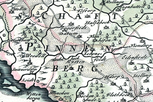 Detailiertes altes Stadtplan von Painen, Deutschland, mit Straßen, Gebäuden und Sehenswürdigkeiten sowie zusätzlichem Text zu Bevölkerung, Straßen und bemerkenswerten Merkmalen.