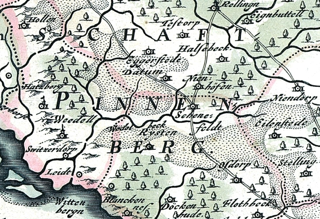 Detailiertes altes Stadtplan von Painen, Deutschland, mit Straßen, Gebäuden und Sehenswürdigkeiten sowie zusätzlichem Text zu Bevölkerung, Straßen und bemerkenswerten Merkmalen.