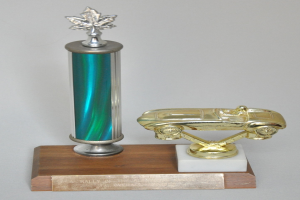 Ein glänzendes, detailliert gearbeitetes Modellauto auf einem Trophy, das auf einer hellen Holzplatte steht.