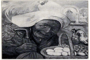 Alte Frau mit einem Korb Eier in den Händen umgeben von Hennen mit Text unten.