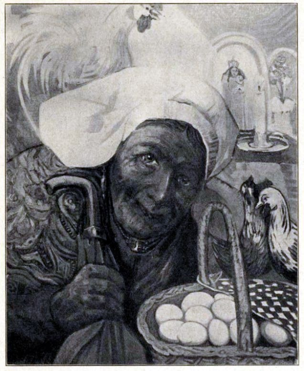 Alte Frau mit einem Korb Eier in den Händen umgeben von Hennen mit Text unten.