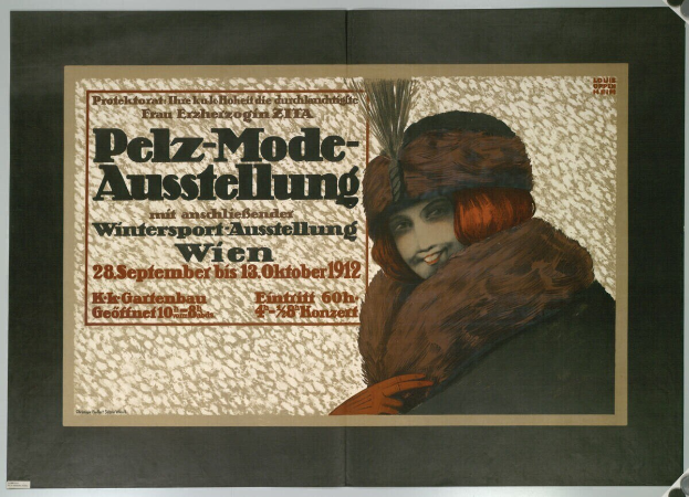 Ein Plakat für ein Wintersport-Event in Wien, Österreich, mit einer lachenden Frau in einem Pelzmantel und Hut, sowie Textinformationen zum Event.