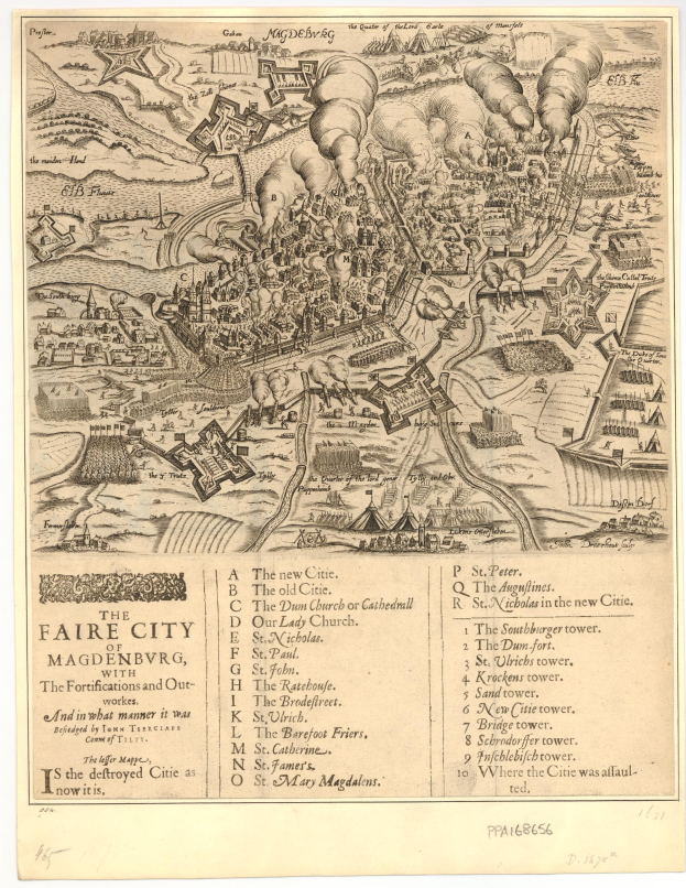 Ein detaillierter alter Stadtplan von Magdeburg, Deutschland, der Straßen, Gebäude, Sehenswürdigkeiten und Text enthält, der Informationen über die Bevölkerung und bekannte Orte bereitstellt.
