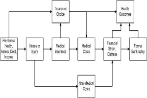 Flussdiagramm, das verschiedene Arten von medizinischen Kosten zeigt, die mit Vorerkrankungen, Gesundheit und Gesundheitsergebnissen verbunden sind, mit beschrifteten Kästchen und Pfeilen.
