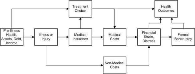 Flussdiagramm, das verschiedene Arten von medizinischen Kosten zeigt, die mit Vorerkrankungen, Gesundheit und Gesundheitsergebnissen verbunden sind, mit beschrifteten Kästchen und Pfeilen.